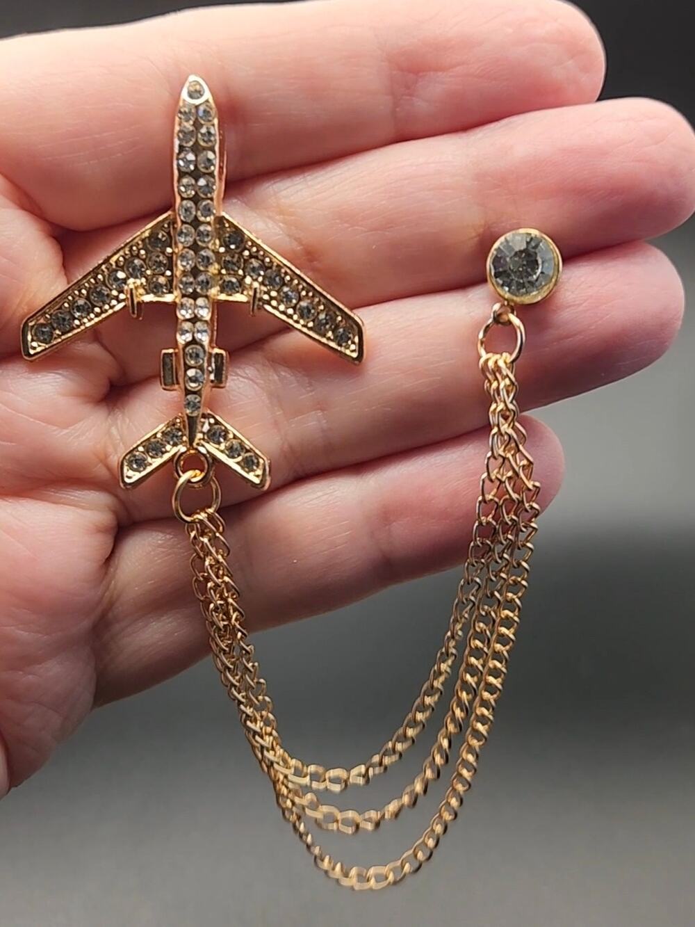 Jet Airplane Tassel Chain Brooch Rhinestones on Gold Tone Metal Plane Travel
